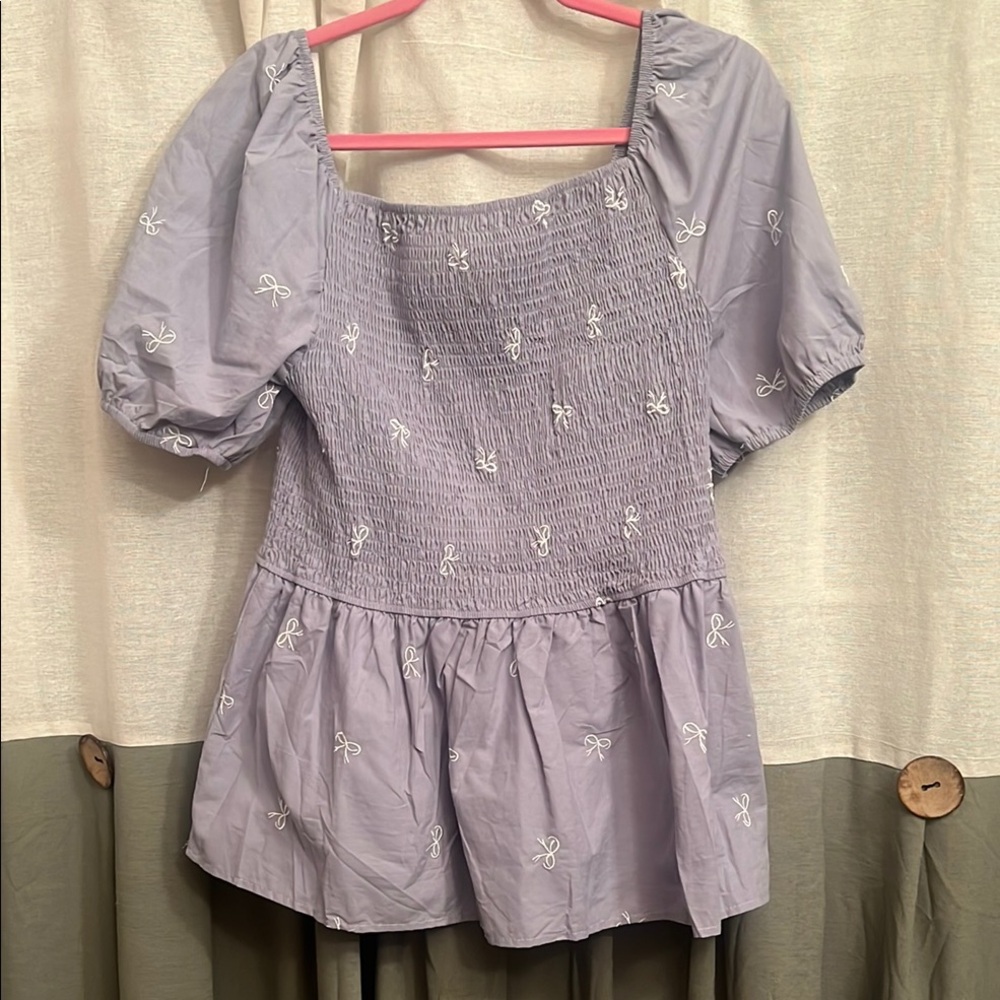 Lilac Smocked Square-Neck Peplum Blouse 2X